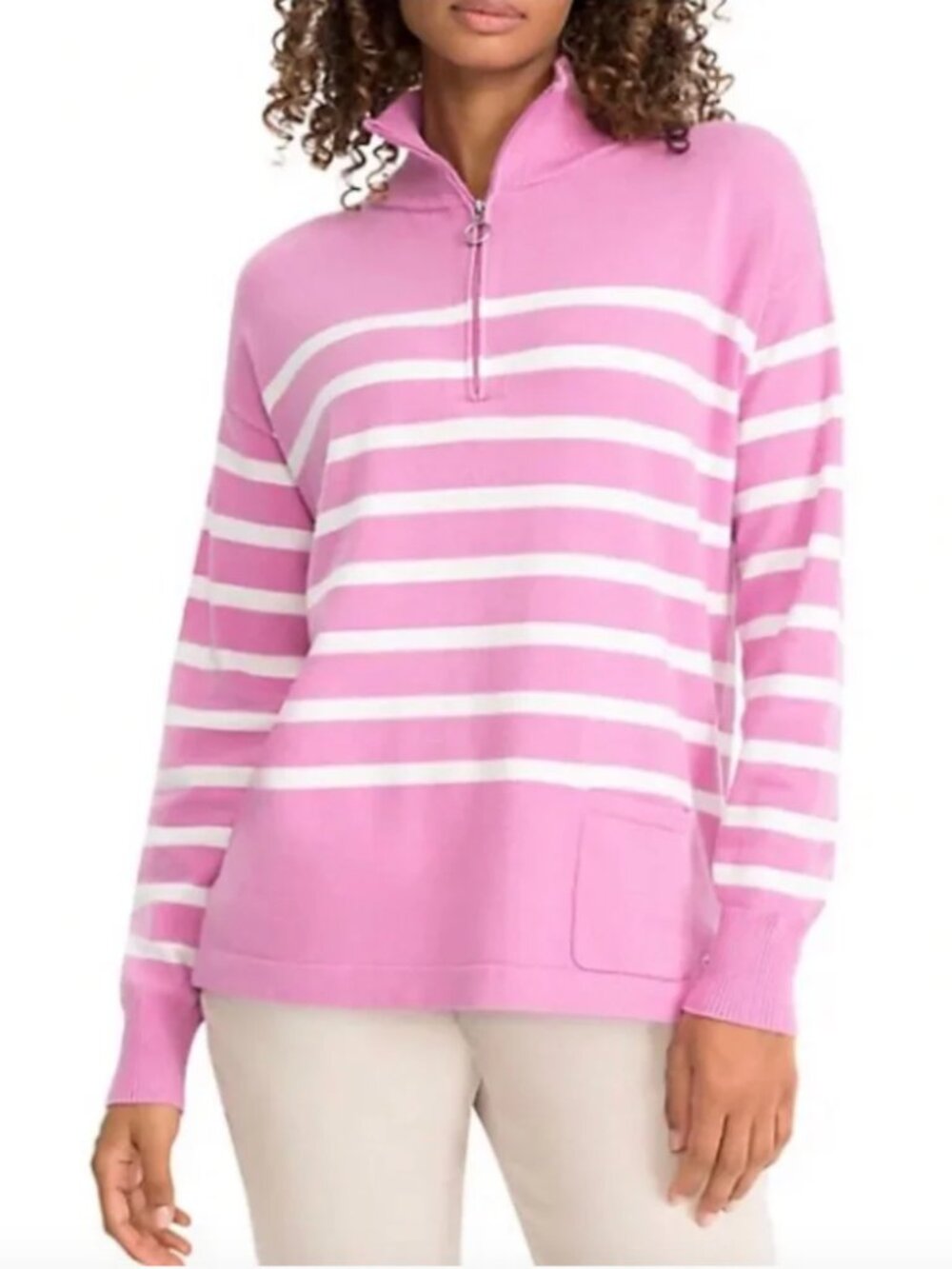 Olsen Breton Striped Quarter Zip Sweater XL Pink White Mock Neck Preppy Beachy